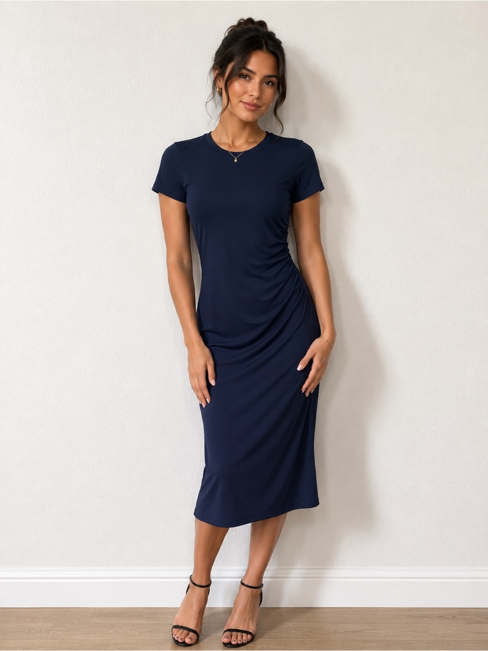 Classic Navy Short-Sleeve Midi Dress with Side Ruching
